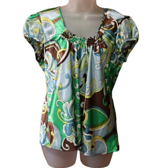 Allison Taylor Green Physcdelic Squiggle Vintage 90s Print Pattern Cap Sleeve LG - Picture 1 of 11